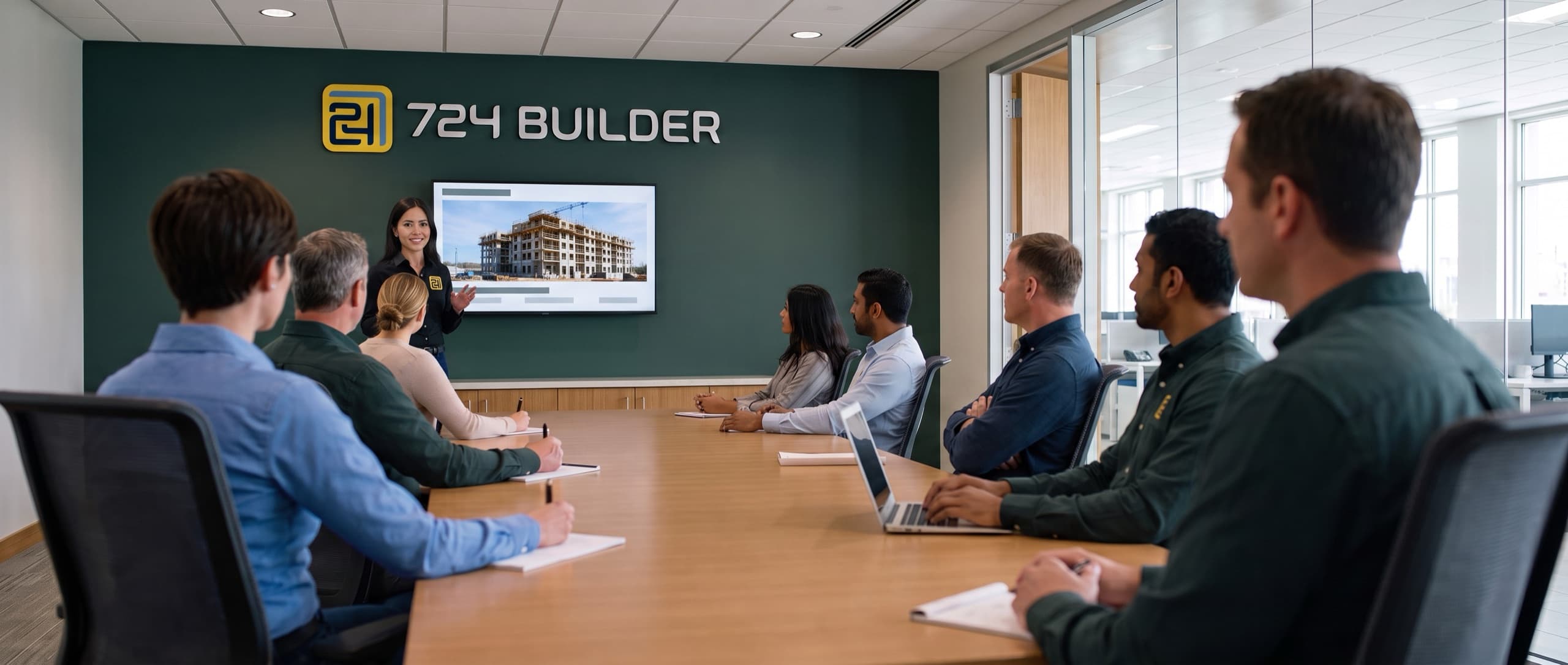 A woman in a black 724 Builder shirt presents to eight colleagues seated around a conference table, gesturing toward a wall-mounted screen showing a project photograph. The 724 Builder logo is mounted in dimensional lettering on a deep green accent wall behind her.