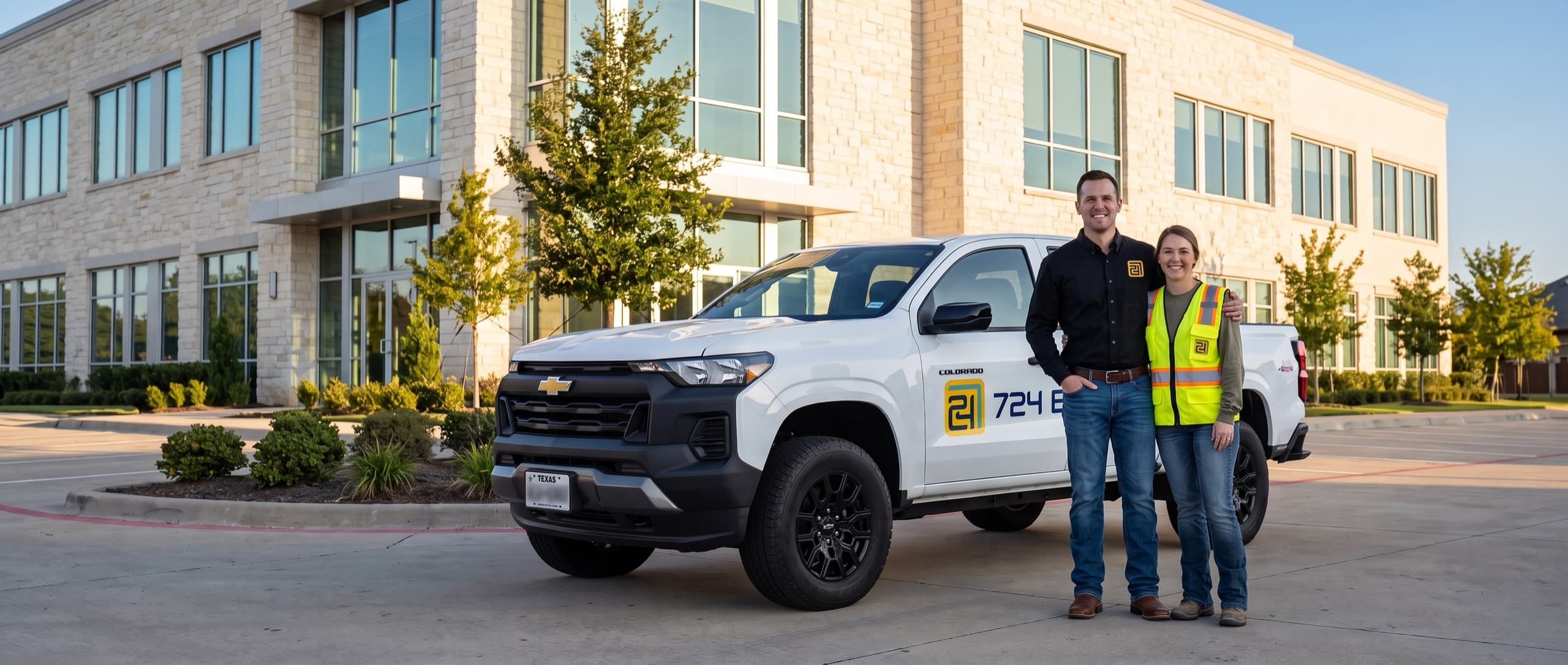 Outside a low-rise stone office building, a 724 Builder employee in a black shirt stands with his arm around a colleague in a hi-vis safety vest, both smiling at the camera. A white 724 Builder pickup with the logo on its door is parked beside them in the late-afternoon sun.