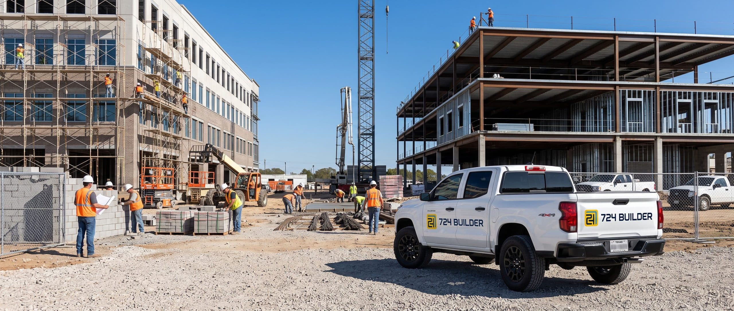 A 724 Builder pickup parked at the edge of an active commercial construction site, with a partly clad building and a steel frame under construction behind it.