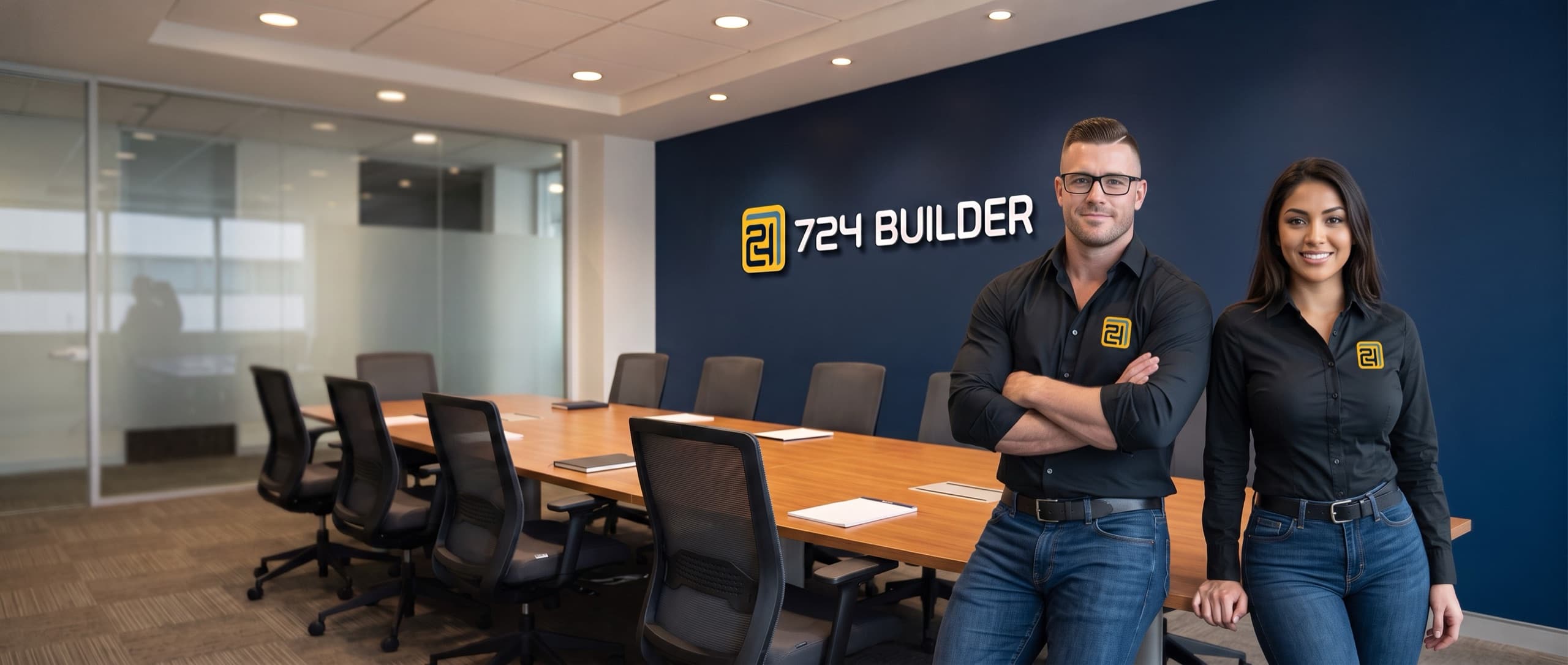 A man and a woman in black 724 Builder shirts and blue jeans lean against the end of a conference table, facing the camera. On the deep navy wall behind them the 724 Builder logo is mounted in raised white lettering, and the room opens away past the table and chairs to a glass partition.