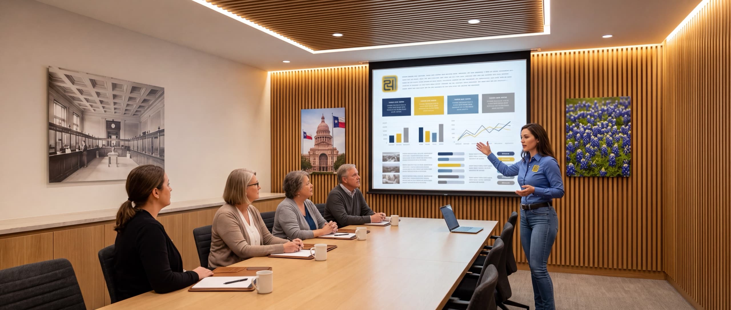 A woman in a 724 Builder shirt stands beside a projection screen in a board room panelled in vertical white oak, one hand raised toward the screen as she speaks to four people seated along the table. The screen shows an out-of-focus project dashboard. Framed pictures of the Texas Capitol, a close-up of bluebonnets and a pale historic bank interior hang on the walls.