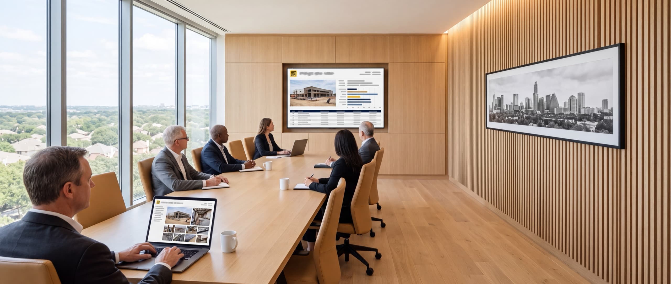 Six people sit along a long oak conference table in a bank meeting room on an upper floor, all watching a wall screen that shows a construction project file — a photograph of a commercial building part way through its build, above rows of entries. A man in the foreground types on a laptop without looking down; his own screen shows a grid of site photographs. A wide black-and-white panorama of the Austin skyline hangs on a slatted oak wall to the right.