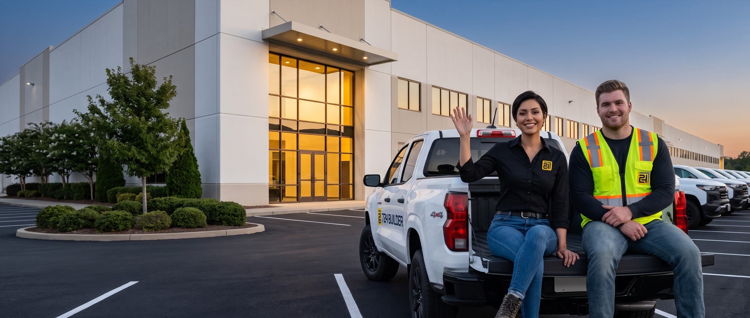 A woman in a black 724 Builder shirt and a man in a 724 Builder high-visibility vest sit side by side on the open tailgate of a white 724 Builder pickup, she waving and he with his arms folded, both smiling. A row of matching white pickups recedes behind them outside a tilt-wall commercial building at dusk.