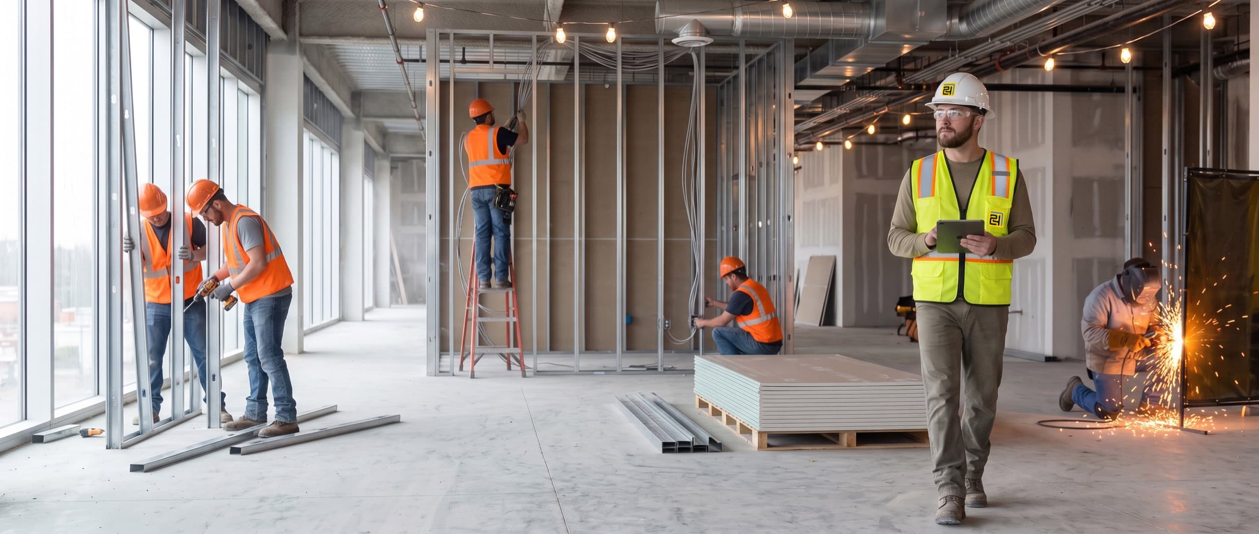 A 724 Builder inspector walks an open floor plate at rough-in stage carrying a tablet, looking out across the work. Behind him tradespeople frame metal stud walls, run cable through open studs and weld, with stacked drywall waiting on pallets.