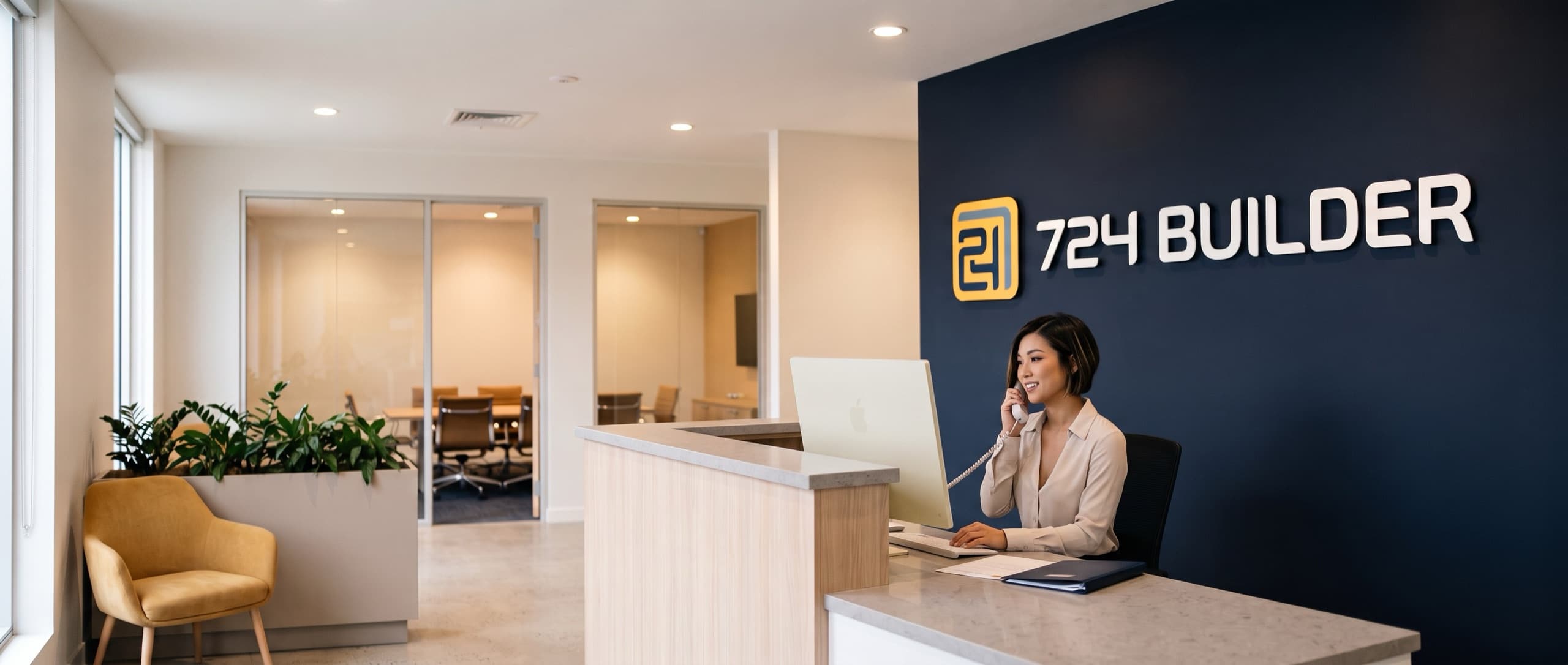 The reception area of a small modern office. A woman sits at a stone-topped reception desk speaking on the telephone, with the 724 Builder logo mounted in dimensional lettering on the deep navy wall behind her, and glass-walled conference rooms visible beyond.