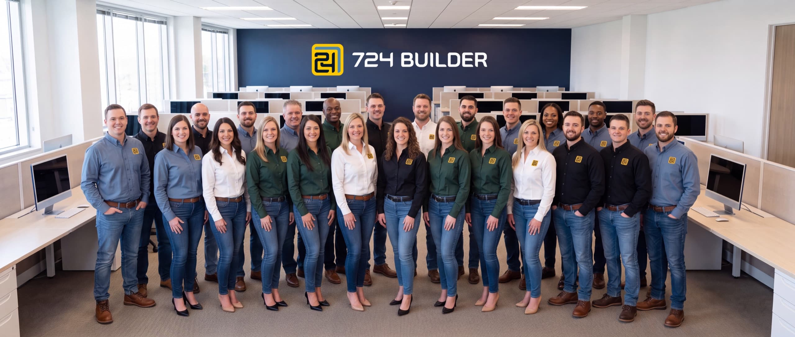 Twenty-five people in 724 Builder button-down shirts — blue, green, white and black — stand together in blue jeans for a team photograph on an open-plan office floor. Rows of low-partitioned desks with silver iMacs run behind them, and the 724 Builder logo is mounted in raised lettering on a deep navy accent wall above.