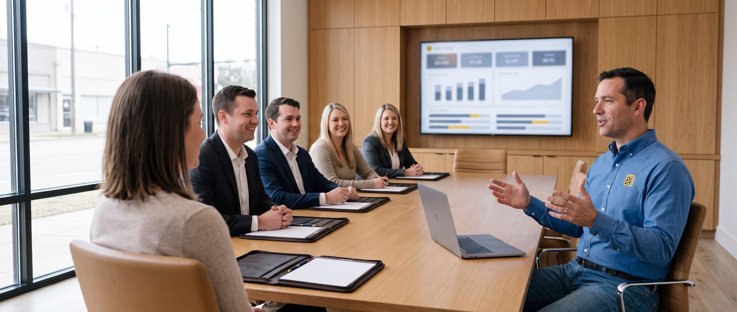 A man in a 724 Builder shirt sits at the end of a boardroom table beside a tall window wall, talking and gesturing to five people seated along the table who are listening to him. A wall screen behind them shows an out-of-focus project dashboard.