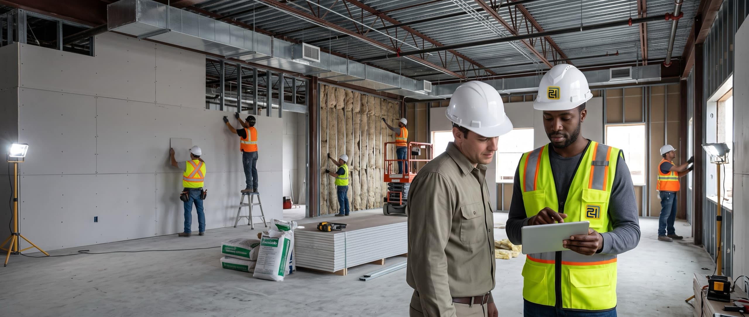 On an unfinished commercial floor at drywall stage, a 724 Builder inspector in a hi-vis vest and white hard hat holds a tablet angled away from the camera and points at it while a superintendent leans in to look. Behind them hangers fix board to metal studs, an insulator works an open wall, and a fitter works from a scissor lift under exposed ductwork.