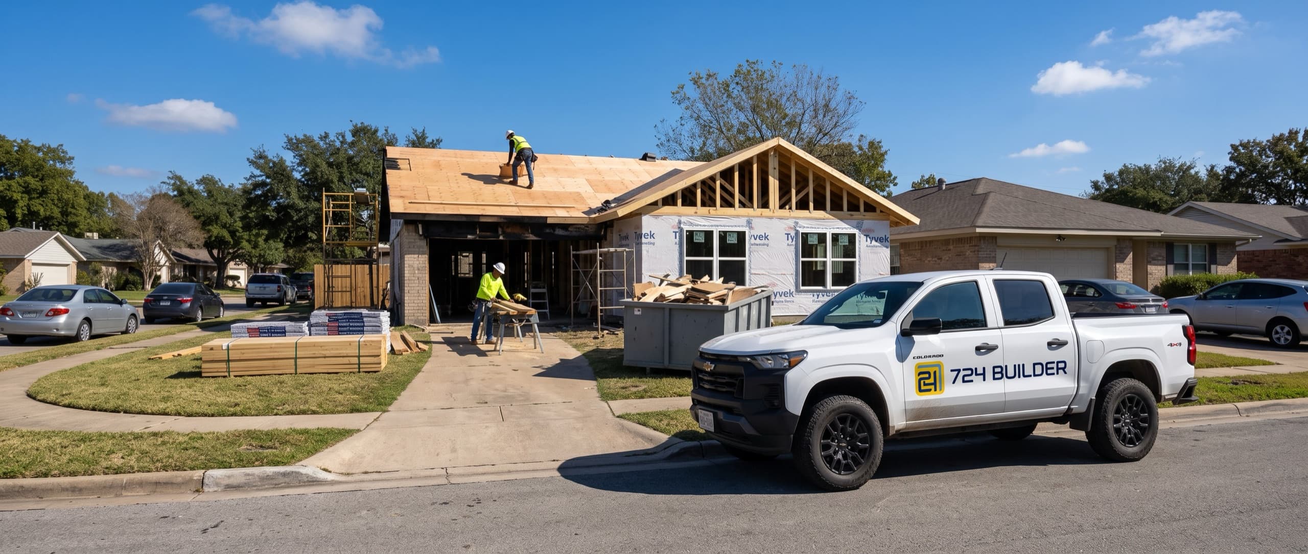 A single-storey suburban house being rebuilt after a fire, with new roof decking and framing going up, house wrap on the exterior, a skip in the driveway and tradespeople at work, and a 724 Builder pickup parked at the kerb out front.