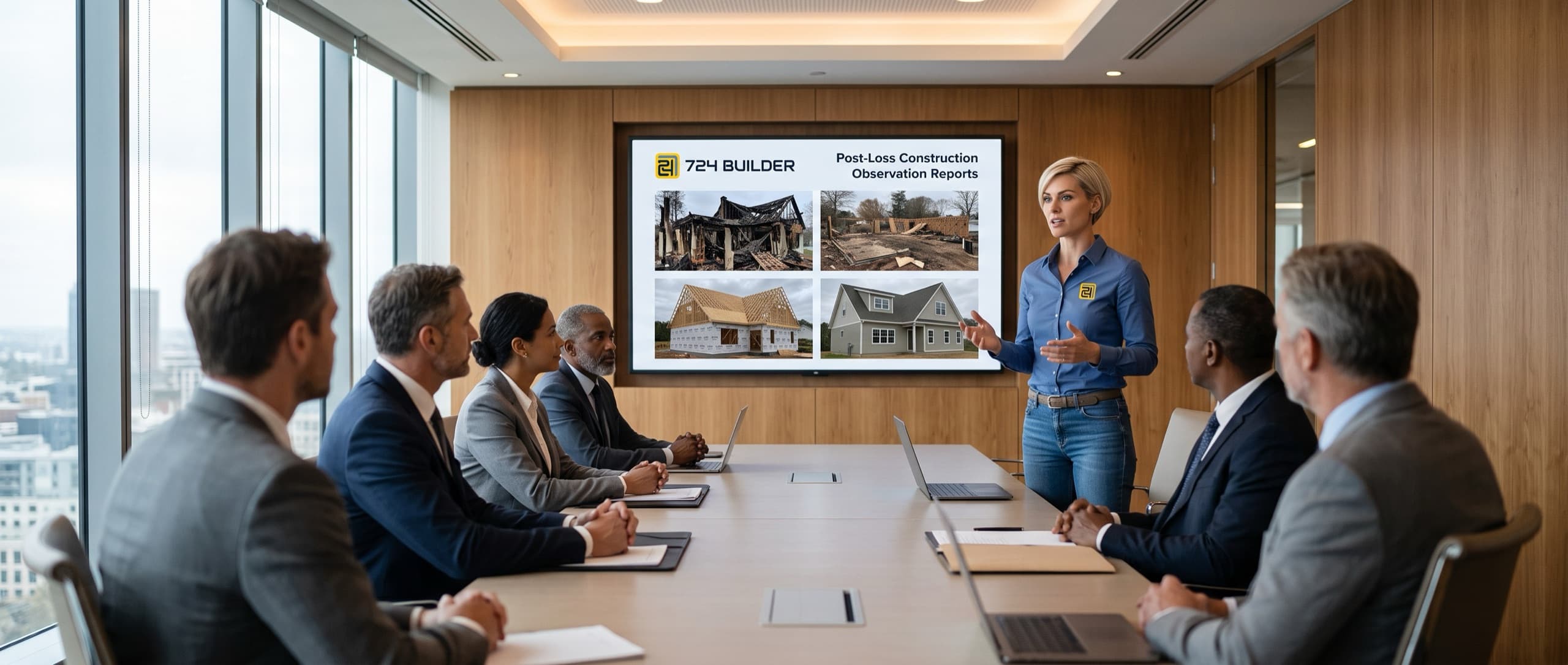 A woman in a blue 724 Builder shirt stands at the head of a boardroom table addressing six seated executives, one hand raised as she speaks. On the wall behind her a large display shows a 724 Builder slide titled Post-Loss Construction Observation Reports, with four photographs following a fire-damaged building from ruin through clearing and reframing to a finished repair.