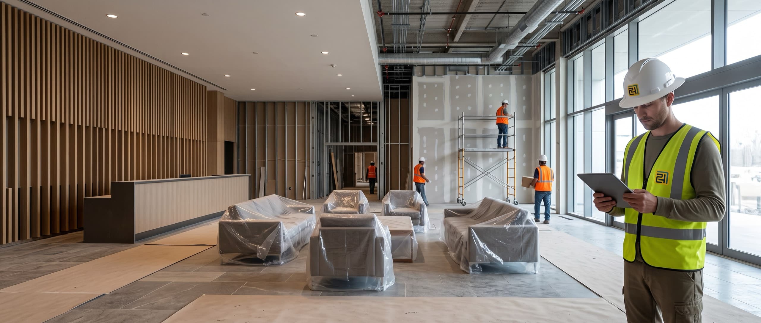 The lobby of a modern hotel under construction, with a finished timber slat wall and reception desk on one side and open metal stud framing and exposed ceiling services on the other, plastic-wrapped furniture staged on the floor, and a 724 Builder inspector in a branded hard hat and high-visibility vest reading a tablet in the foreground.