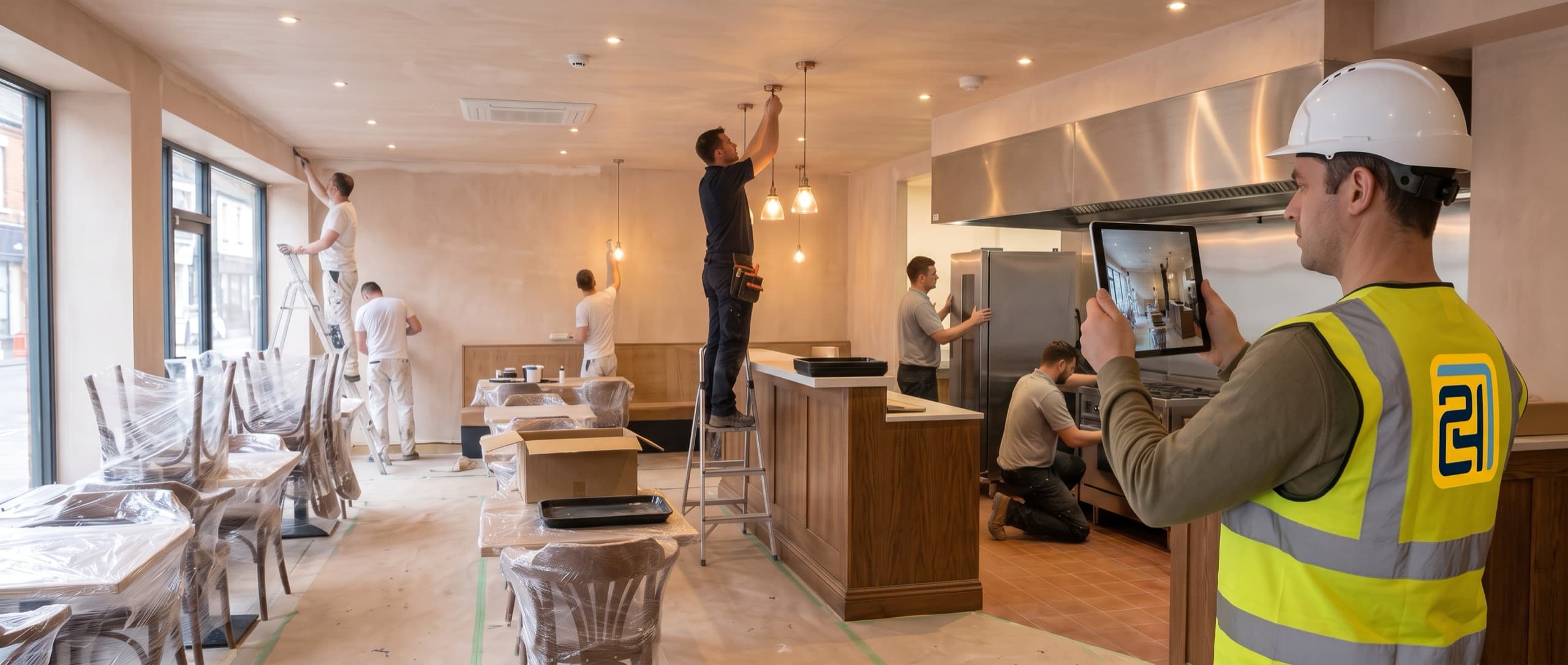 A 724 Builder inspector stands in a restaurant nearing completion, holding up a tablet to photograph the room. Painters work along the walls, an electrician on a step ladder hangs pendant lights over the bar, and installers set stainless steel equipment in the open kitchen, with dining tables and chairs still wrapped in plastic.