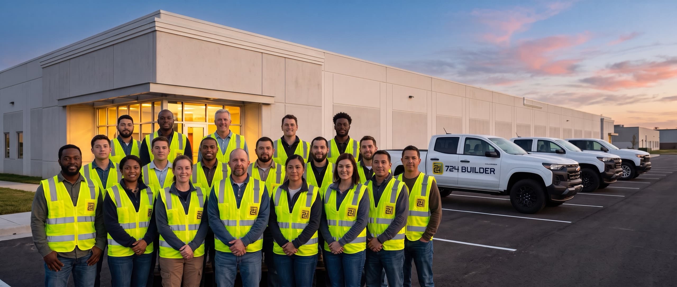 About twenty people in yellow-green 724 Builder high-visibility vests stand together in two rows for a team photograph outside a newly finished industrial building at sunset, with a row of white 724 Builder pickup trucks parked alongside them. The nearest truck carries the 724 Builder mark and name along its door.