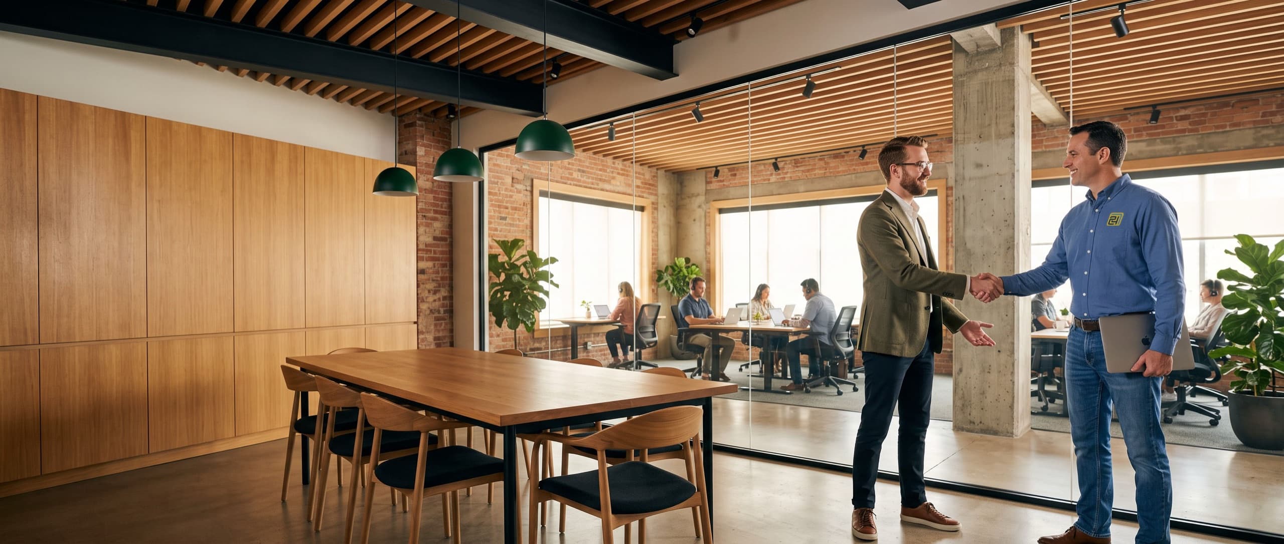 A man in a blue 724 Builder shirt shakes hands with a bearded man in a blazer inside a glass-walled conference room in a converted loft office. Through the glass behind them, staff at widely spaced desks work at laptops wearing headsets, with daylight coming through tall windows. The room has warm wood cabinetry, exposed brick, a concrete column, leafy plants and deep green pendant lights.