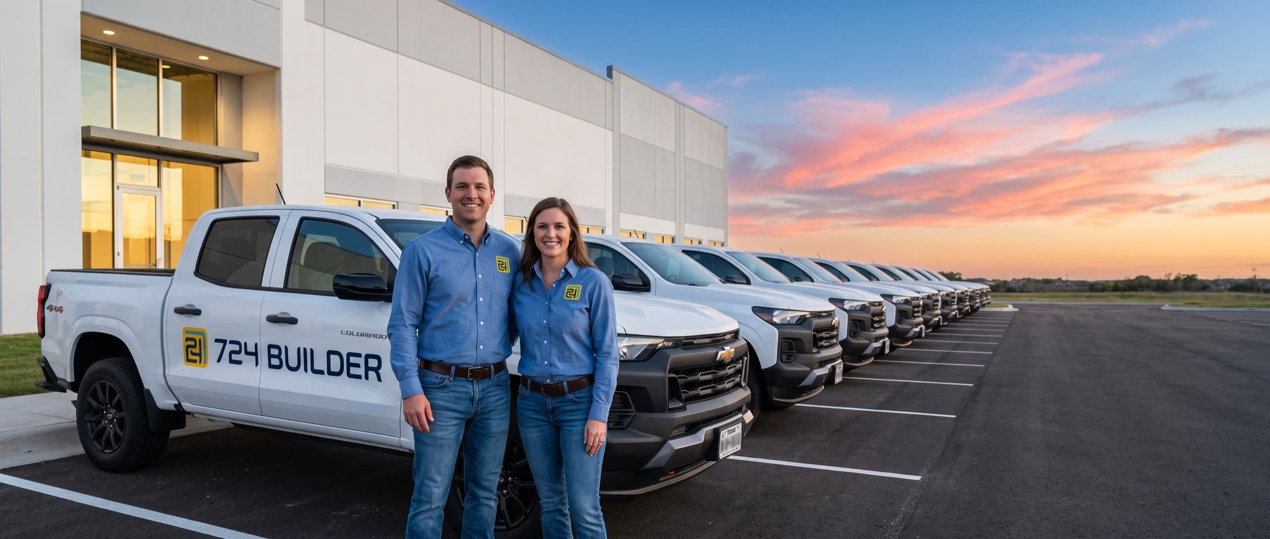 A man and a woman in blue 724 Builder shirts and jeans stand smiling side by side in front of a long row of white 724 Builder pickup trucks parked outside a newly finished warehouse at sunset. The nearest truck carries the 724 Builder mark and name along its door.
