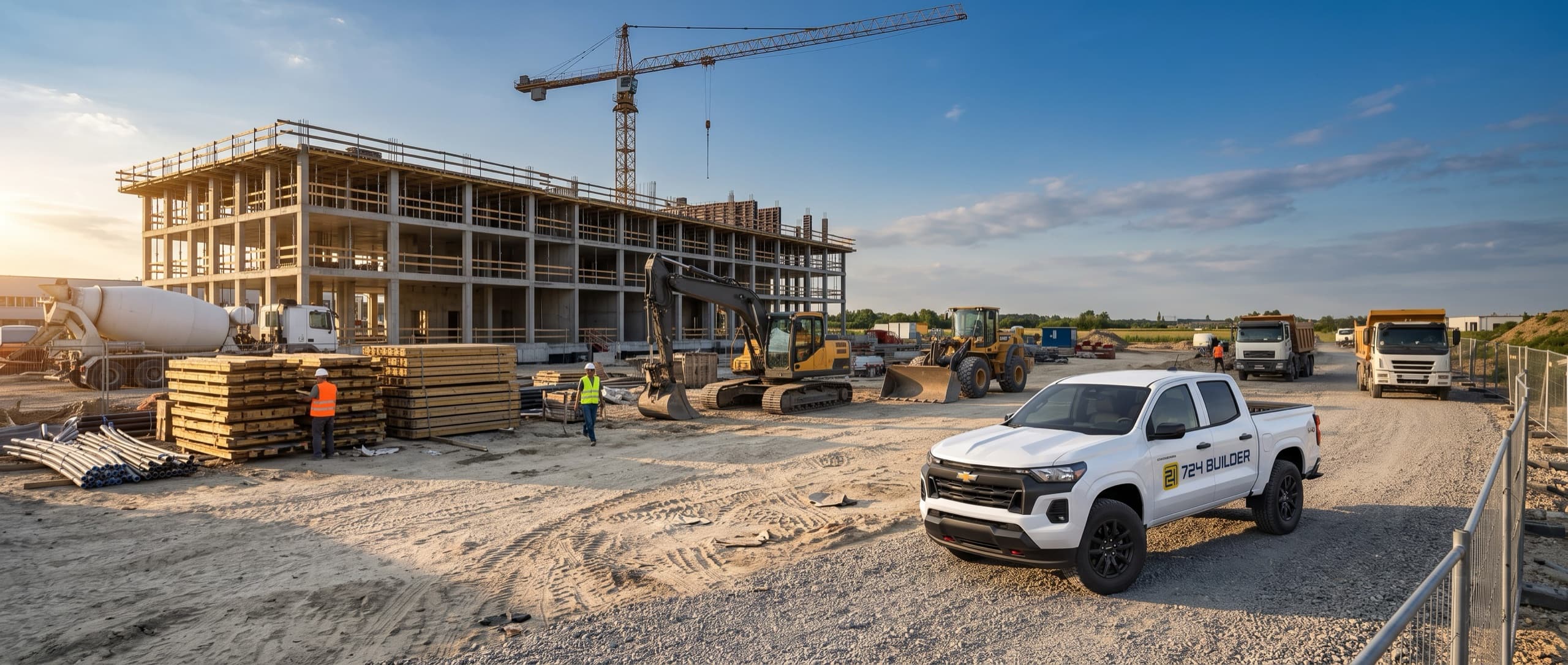 A concrete-frame commercial building under construction in warm late-afternoon light, a tower crane above it and an excavator and wheel loader working alongside, with stacks of banded timber in the foreground and a 724 Builder pickup parked on the gravel haul road at the right.