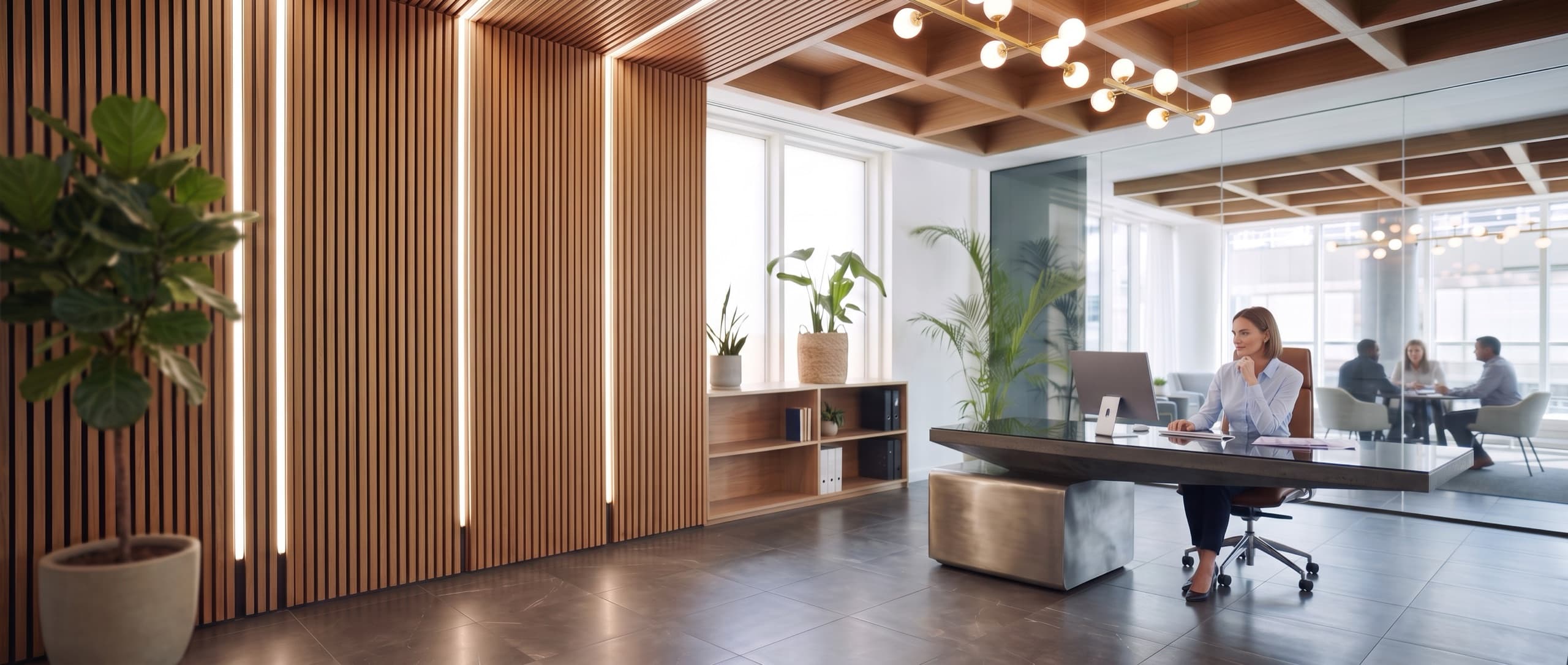 A woman in a pale blue shirt sits at a dark stone desk in a large, bright bank office, one hand resting at her chin as she looks at her desktop monitor. A tall warm oak slat wall with slim recessed strip lights runs down the left of the room with a fiddle-leaf fig in front of it, and behind her a glass-walled meeting room where three people sit around a table looks out over the city.