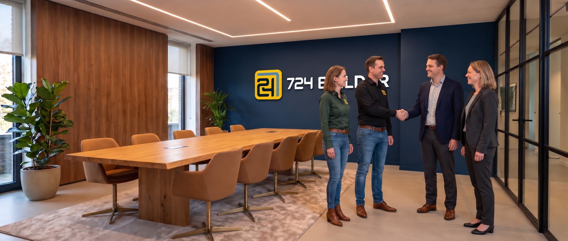In a warm modern conference room with walnut panelling and an oak table, a 724 Builder employee in a black shirt shakes hands with a banker while a colleague in a green shirt and a second banker look on, all smiling. The 724 Builder logo is mounted in raised lettering on a deep navy wall behind them.