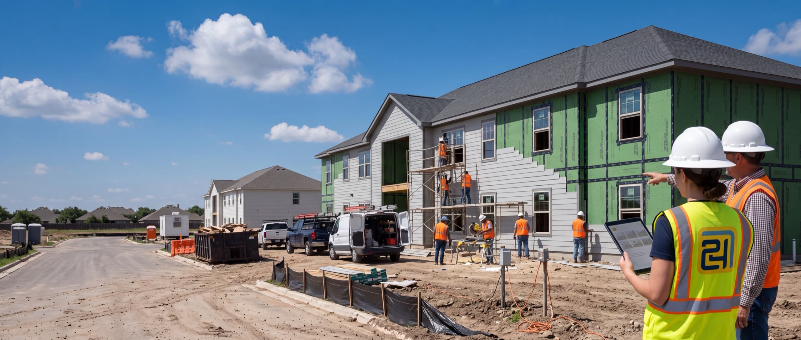 A woman in a 724 Builder high-visibility vest and white hard hat stands with her back to the camera on a construction site, holding a tablet, while a contractor beside her points ahead at a two-storey apartment building under construction. Part of the building is clad in pale lap siding and part is still bare green structural sheathing. Trades work from scaffolding, and trucks and vans are parked along the site under a blue partly cloudy sky.