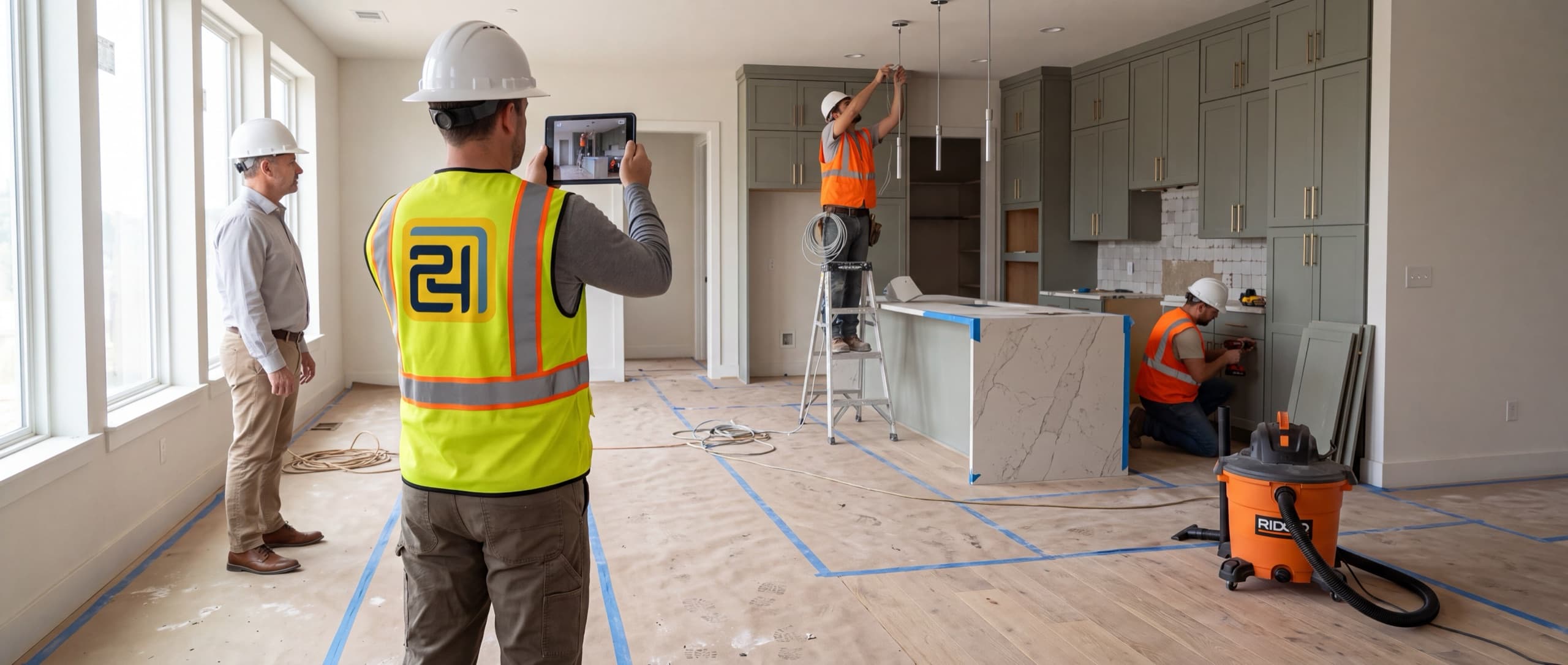 A man in a 724 Builder high-visibility vest and white hard hat stands with his back to the camera inside a high-end interior under construction, holding up a tablet, while other trades work at a kitchen island and cabinetry behind him.