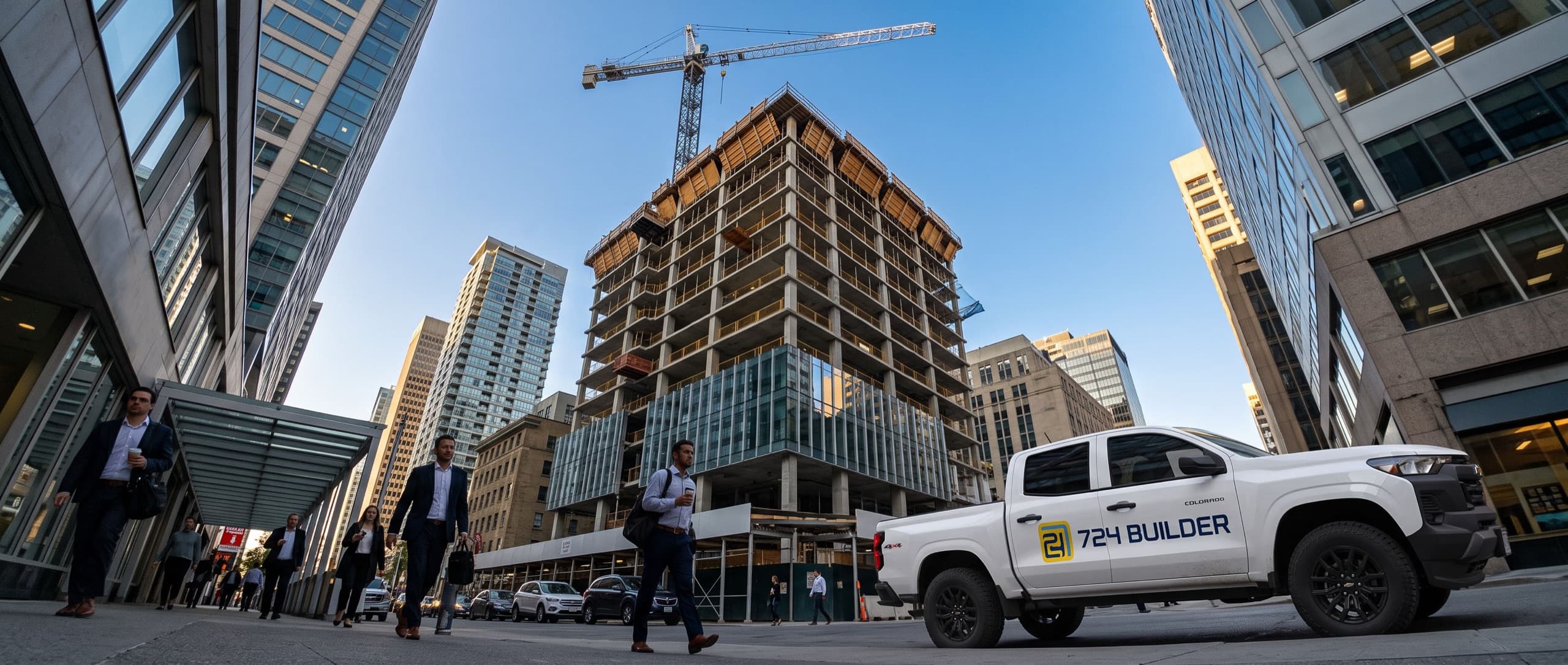 A low-angle view up at a high-rise under construction in a downtown core, a tower crane above it and finished glass towers on either side, with people in business clothes walking the pavement and a 724 Builder pickup parked at the kerb on the right.