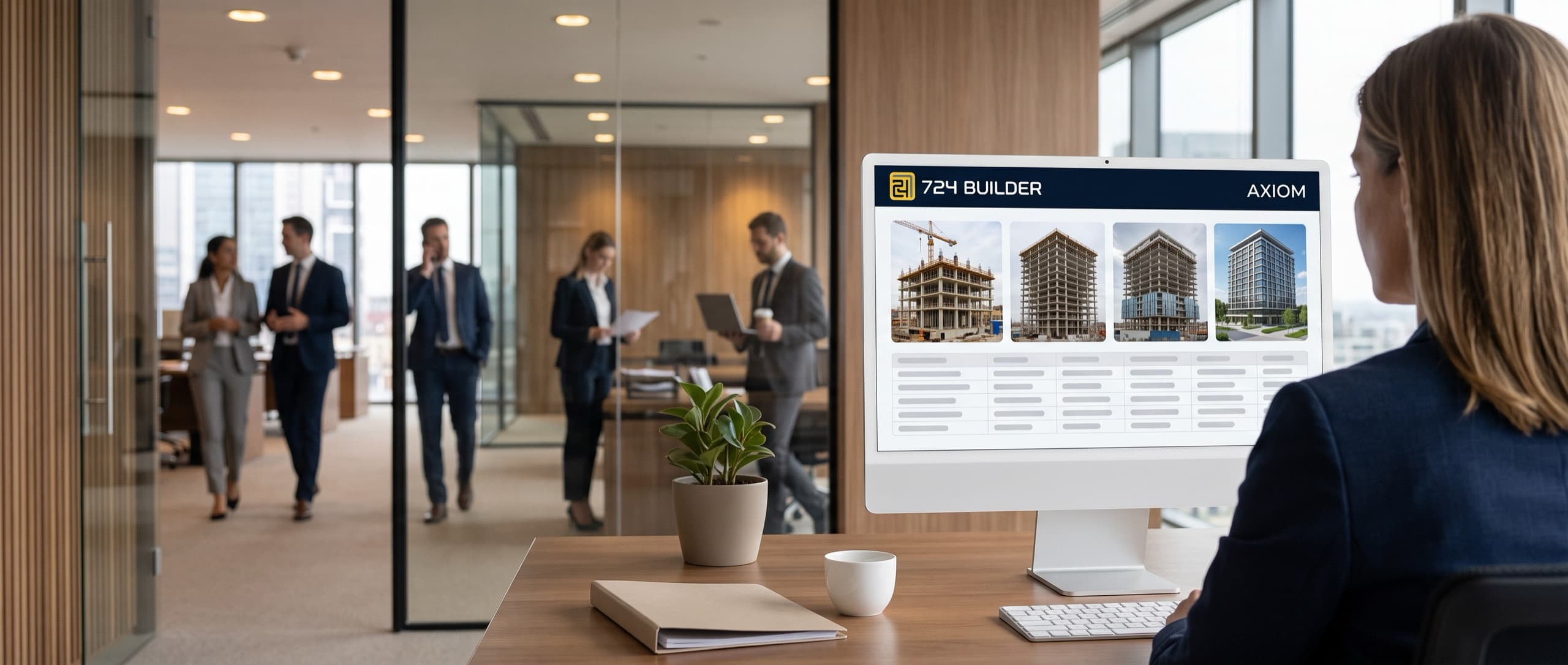 Seen over her shoulder, a banker at her desk in a glass-walled executive office studies an iMac showing an Axiom project record: a 724 Builder header, four photographs of the same building from bare frame through to completion, and a schedule table below them. Colleagues move through the bank floor beyond the partition.