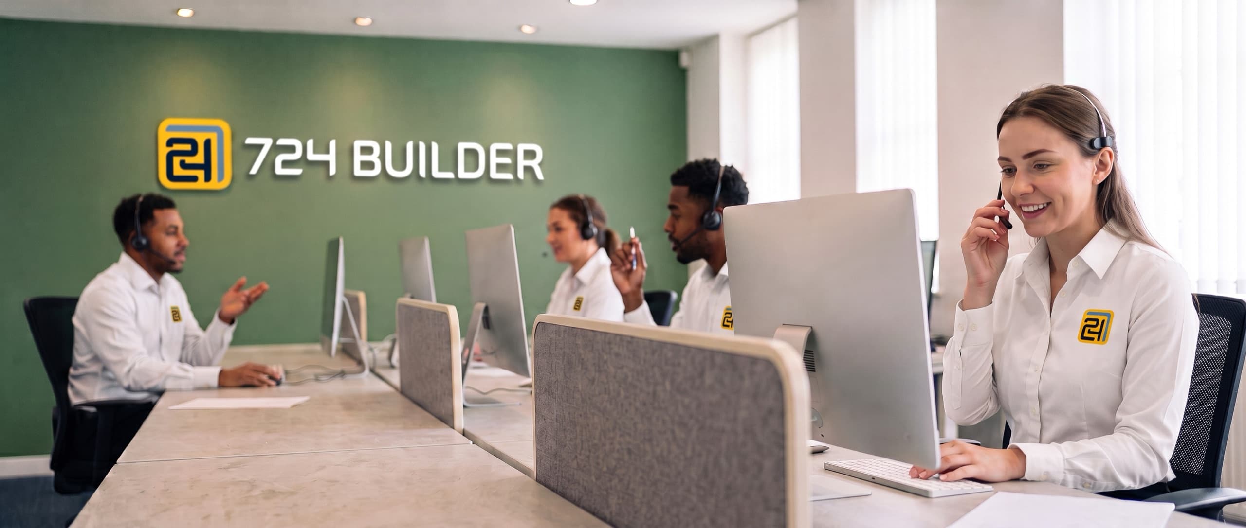 Five people in white 724 Builder shirts and telephone headsets work along a long pale desk divided by low grey panels, each at a silver iMac turned away from the camera. The woman nearest us rests a hand at her microphone as she looks at her screen. On the green wall behind them the 724 Builder logo is mounted in raised lettering.