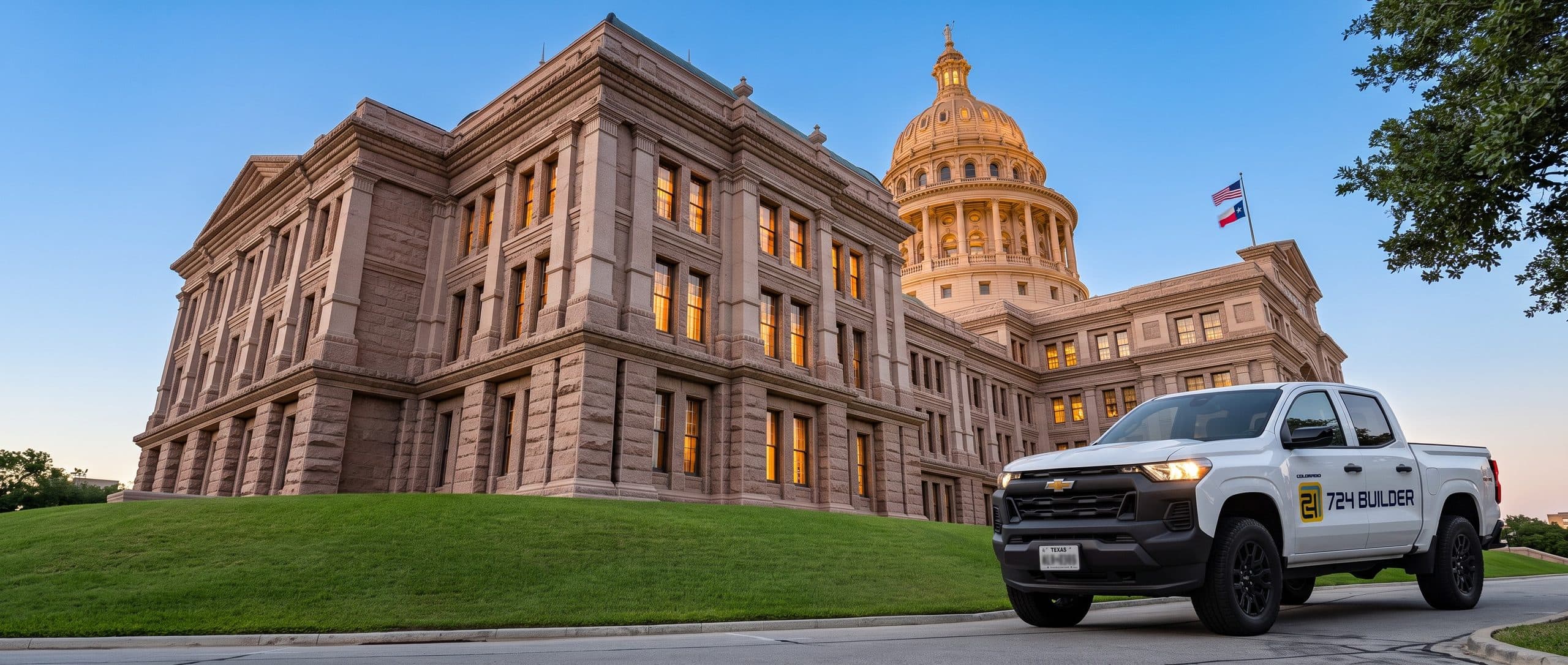 A white 724 Builder pickup truck parked on the drive below the Texas State Capitol in Austin at dusk, its headlights on. The granite building rises behind a steep green lawn with its windows lit warm from within and the dome catching the last light, under a clear blue evening sky.