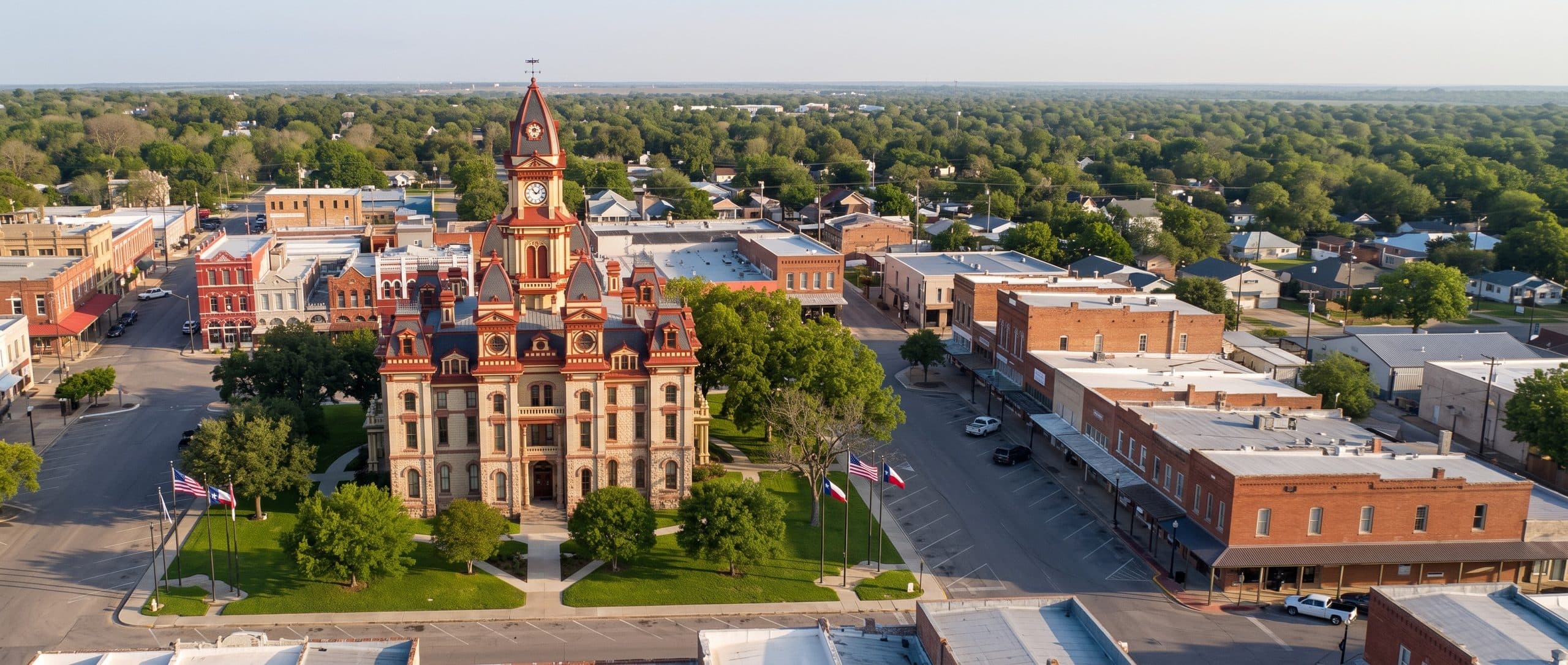 An aerial view of the Caldwell County courthouse at Lockhart in late afternoon, its cream limestone walls and terracotta trim rising to a slate clock tower with a weathervane. Live oaks and flagpoles stand on the lawn around it, period brick storefronts face the square on every side, and the town spreads out into tree canopy toward a hazy horizon.