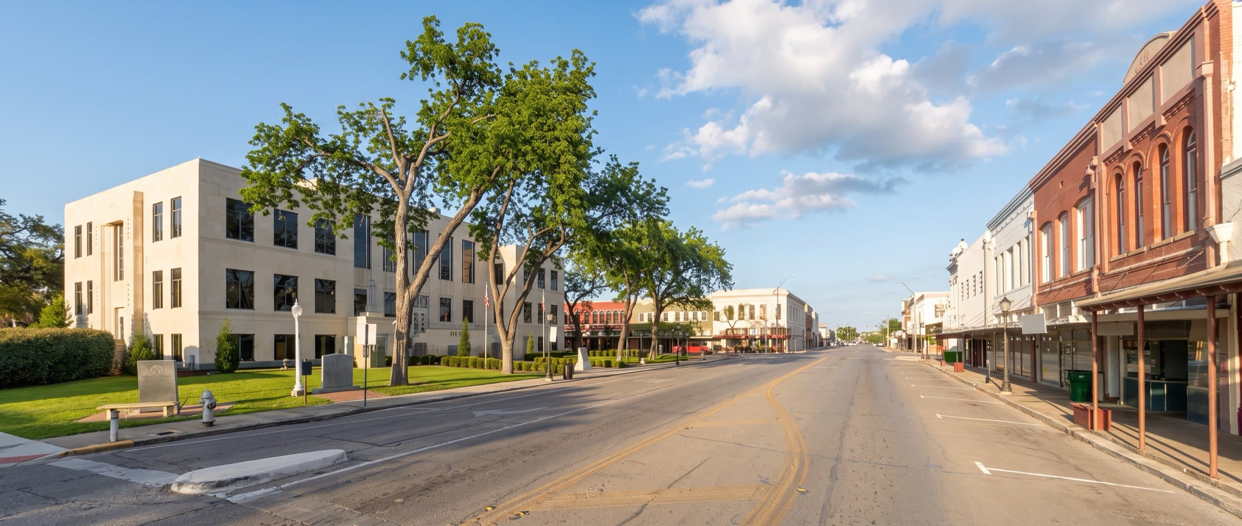 A quiet small-town Texas main street on a bright morning. A three-storey nineteen-thirties limestone county courthouse stands on its own block on the left behind a lawn and mature pecan trees in full leaf, with brick and painted storefronts running down the right-hand side and the empty road opening away into the distance under white cumulus cloud.