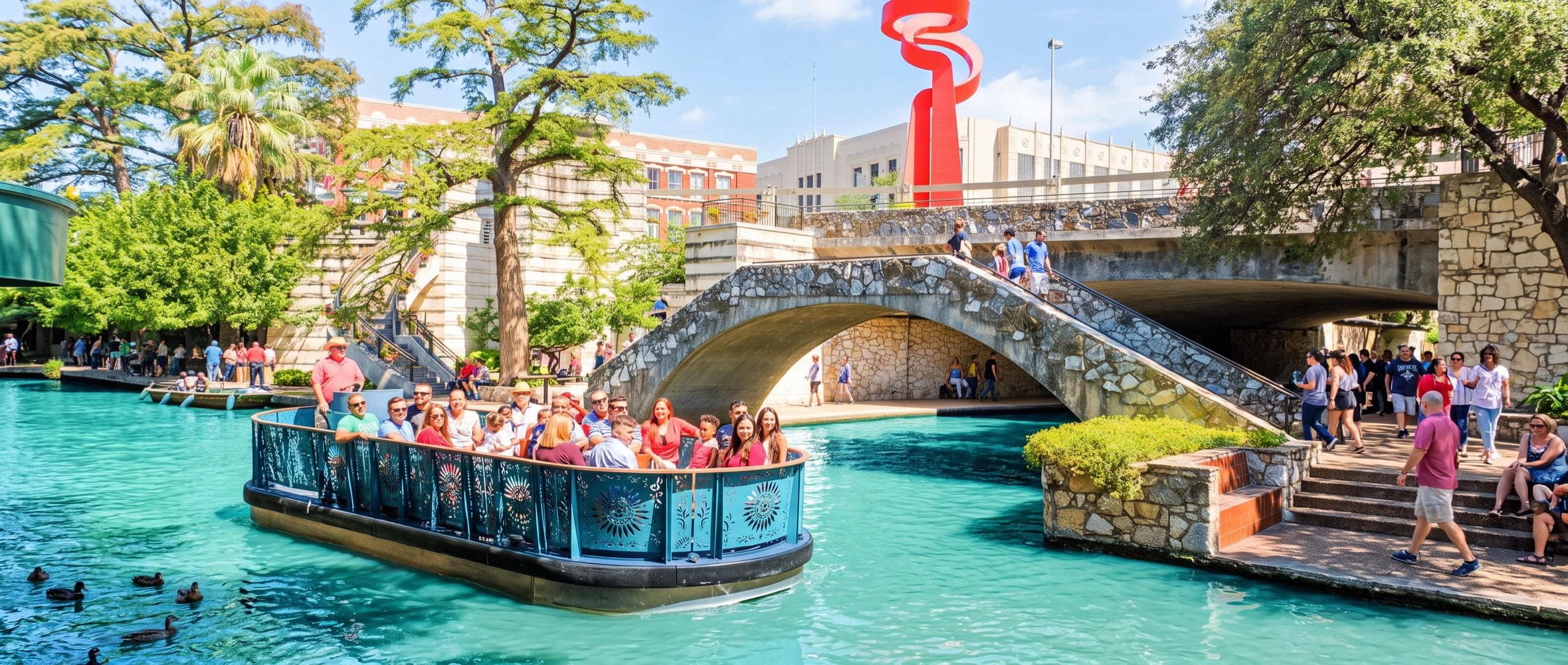 A brightly painted turquoise tour barge carries passengers along the San Antonio River Walk on a sunny day. A single-arched stone footbridge crosses the green water beyond it, people walk the flagstone banks under tall cypress trees and palms, and historic downtown buildings rise above the treeline.
