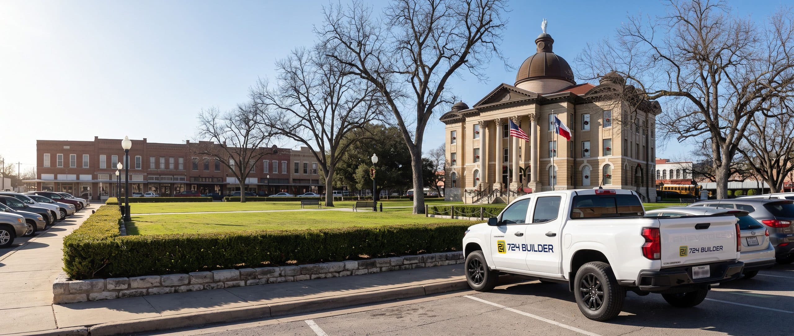 A white 724 Builder pickup truck parked at the curb on a Texas courthouse square. Behind it a limestone and brick county courthouse with a copper dome and a columned portico stands on a lawn edged by a clipped hedge, the American and Texas flags flying at its steps. Two-storey brick storefronts line the far side of the square under bare winter trees.