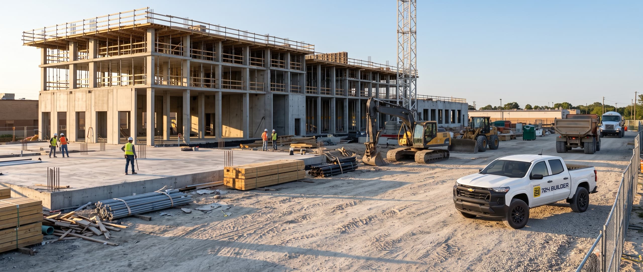 A concrete-frame commercial building under construction in warm early-evening light, with workers on the slab, an excavator and wheel loader alongside, stacks of banded timber and bundled conduit in the foreground, and a 724 Builder pickup parked on the gravel at the right.