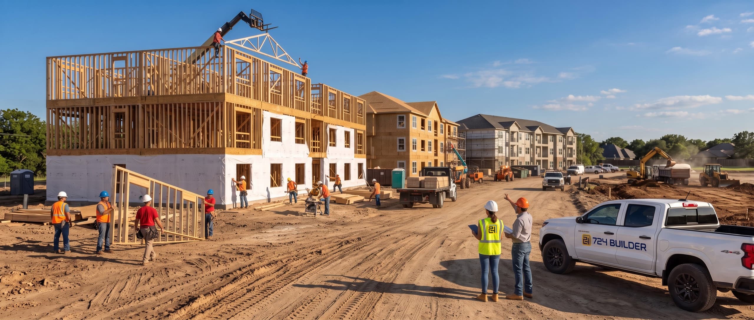 A multifamily development under construction seen from the haul road: a four-storey timber-framed building with roof trusses being set, further buildings behind it at sheathing, siding and finished stages, and earthworks beyond. A 724 Builder inspector in a high-visibility vest stands with the site superintendent beside her pickup as he points up at the framing.