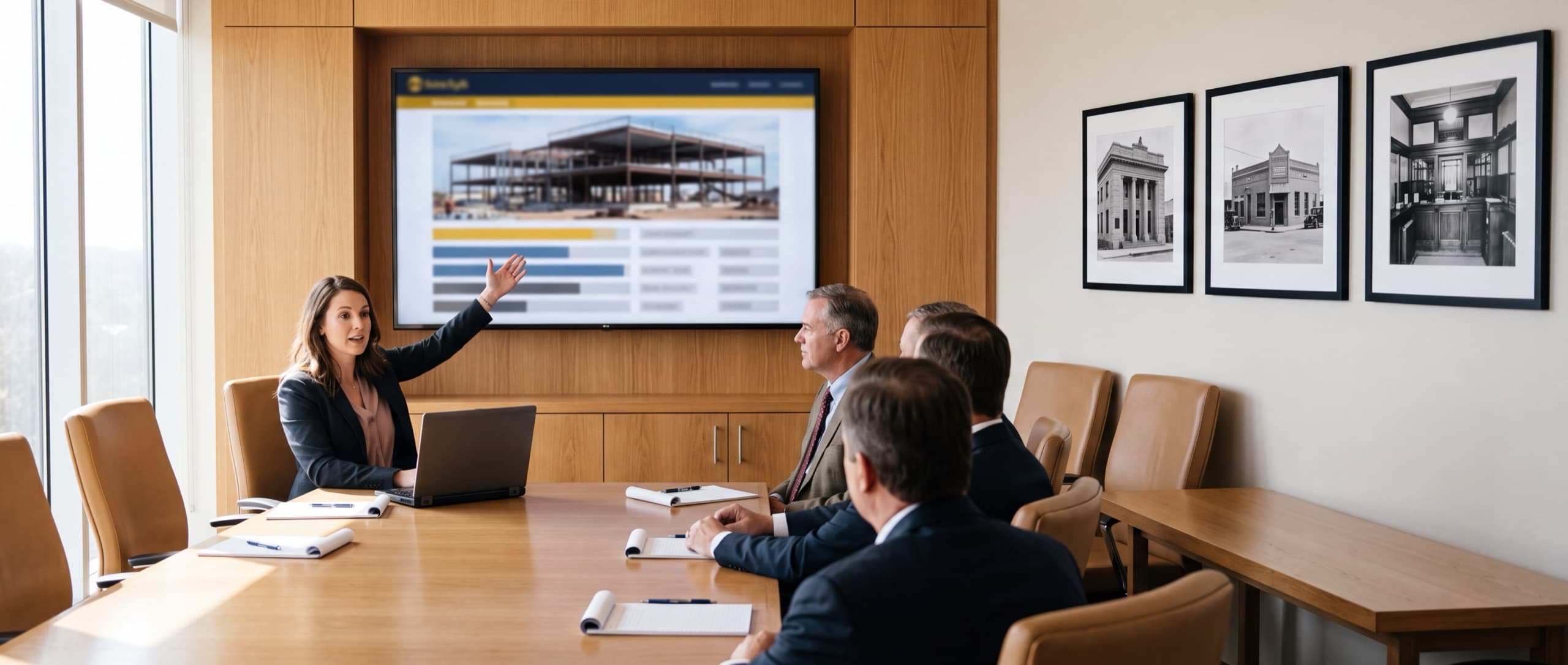 In a conference room, a woman points to a wall screen showing a construction project file — a photograph of a steel-framed commercial building part way through its build, above rows of draw entries. Three colleagues seated at the table watch her. Framed black-and-white photographs of historic bank buildings hang on the wall to the right.