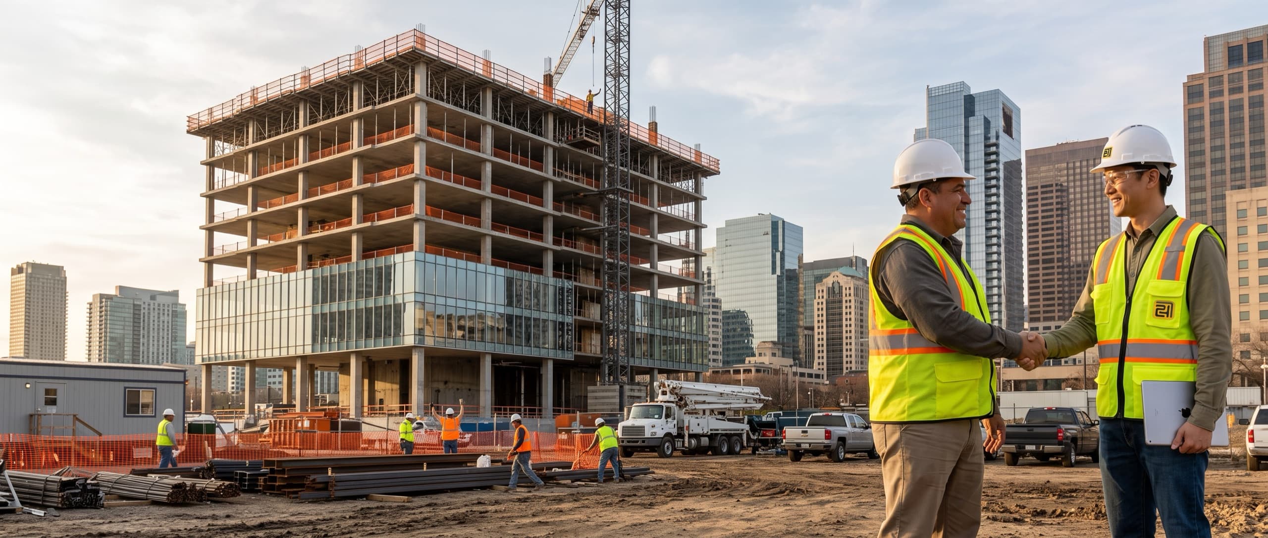 A 724 Builder inspector in a hi-vis vest and white hard hat shakes hands with a site superintendent on open ground at a construction site, a tablet held at his side. Behind them a high-rise stands at structural frame with a tower crane, glazing installed on its lower floors only, and a city skyline beyond.
