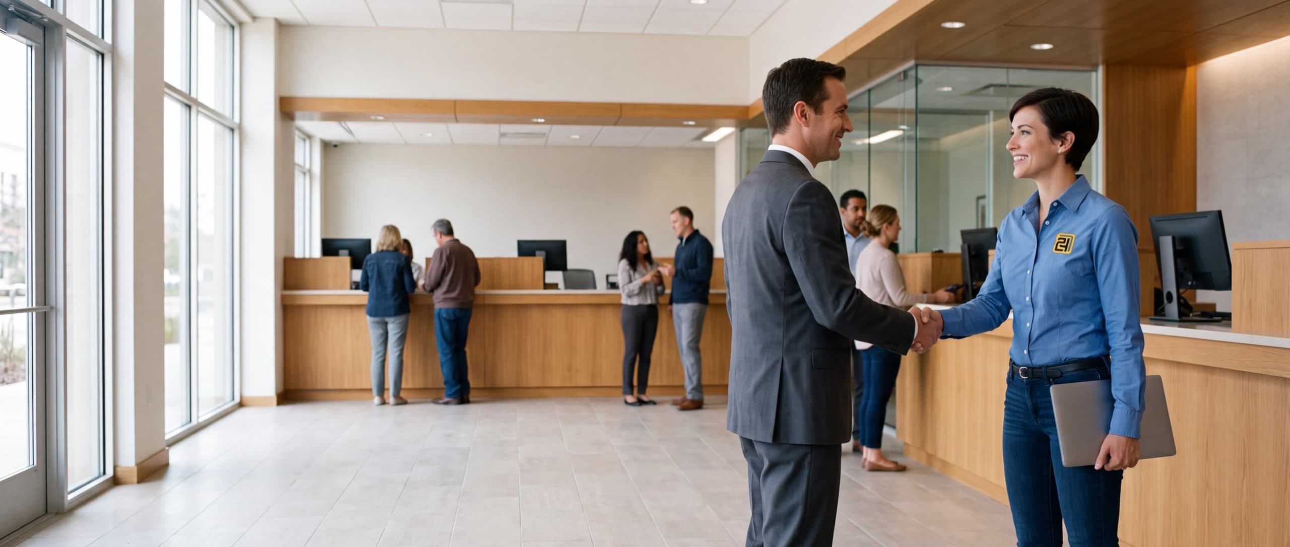 A 724 Builder inspector shaking hands with a banker in the lobby of a community bank branch, a closed laptop under her arm.